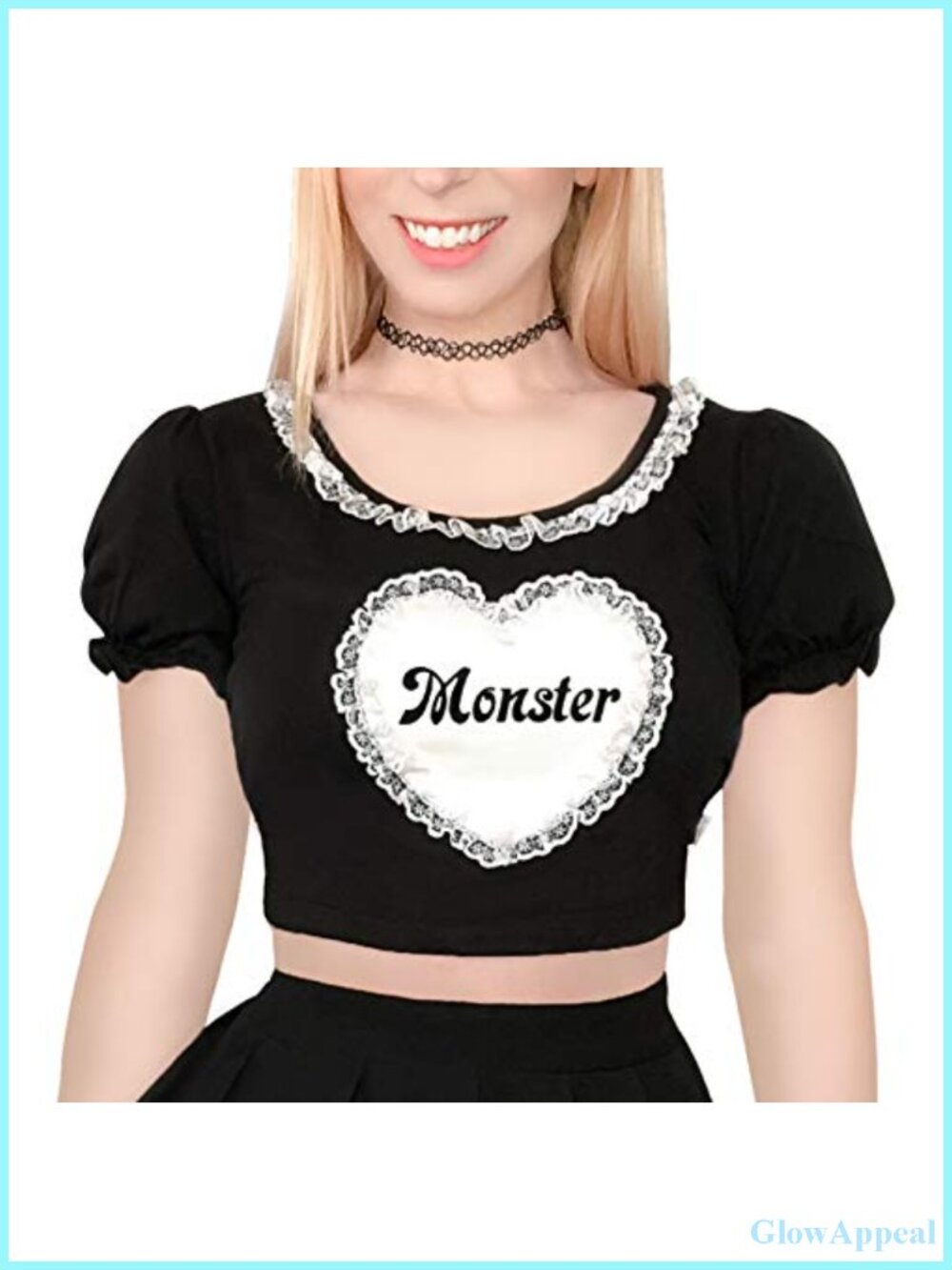 Kawaii Crop Top Puff Sleeve Scoop Neck Lace 95% Cotton Stretch